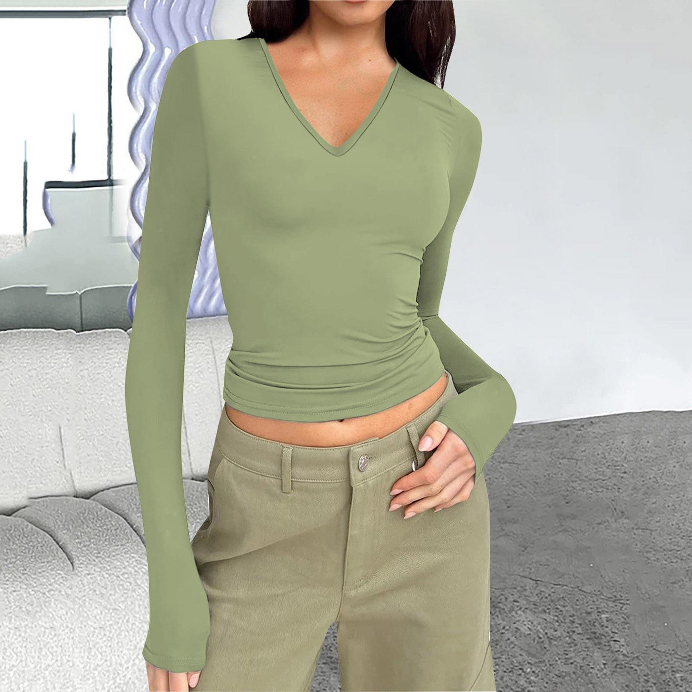 Damen Langarmshirt mit V-Ausschnitt von Fudus