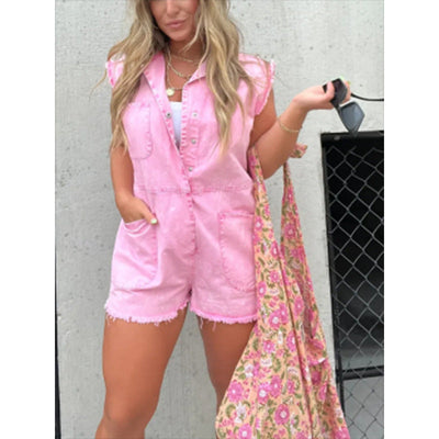 Damen trendiger Jeans-Overall mit Taschen und Kurzarm Fudus