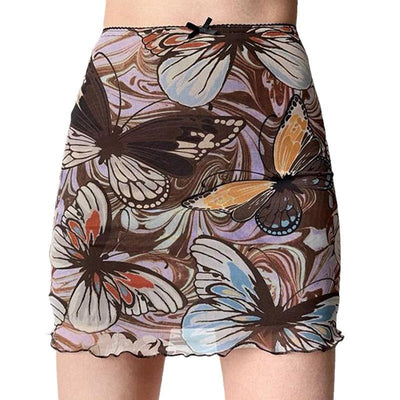 Damen Minirock mit floralem Schmetterlingsmuster und elastischem Bund Fudus