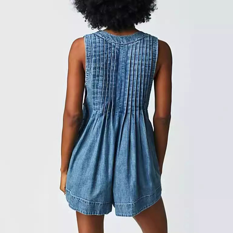 Damen lässiges Denim-Kleid mit feinen Falten und funktionalem Bindeband Fudus