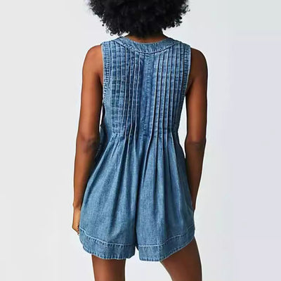 Damen lässiges Denim-Kleid mit feinen Falten und funktionalem Bindeband Fudus