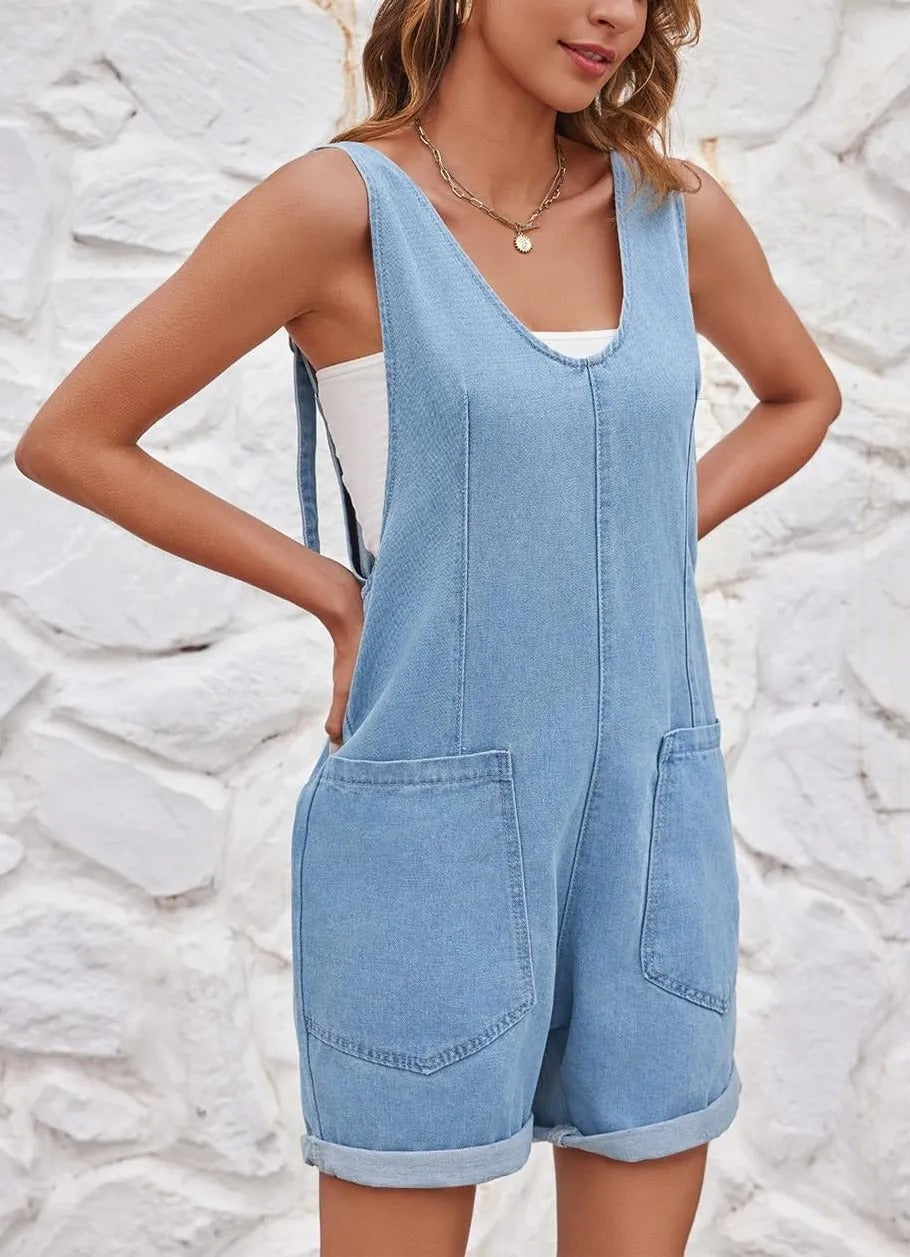 Damen lässiger Denim-Overall mit tiefem V-Ausschnitt und praktischen Taschen Fudus