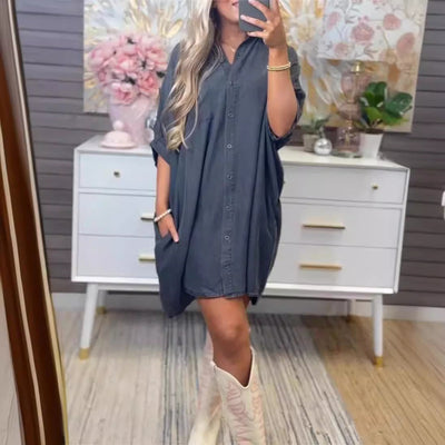 Damen Übergröße Denim-Shirtkleid mit praktischen Taschen und lässigem Schnitt Fudus