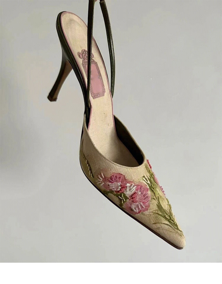 Damen elegante Pumps mit floralen Stickereien und schmalem Absatz Fudus