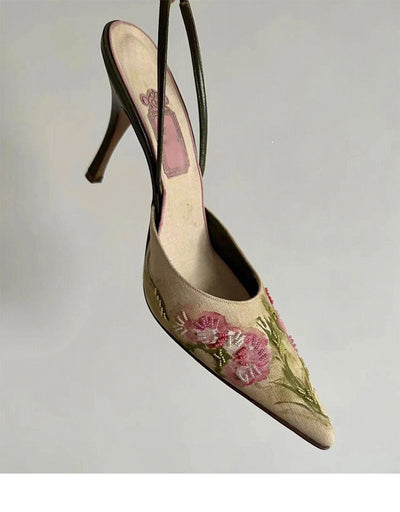 Damen elegante Pumps mit floralen Stickereien und schmalem Absatz Fudus