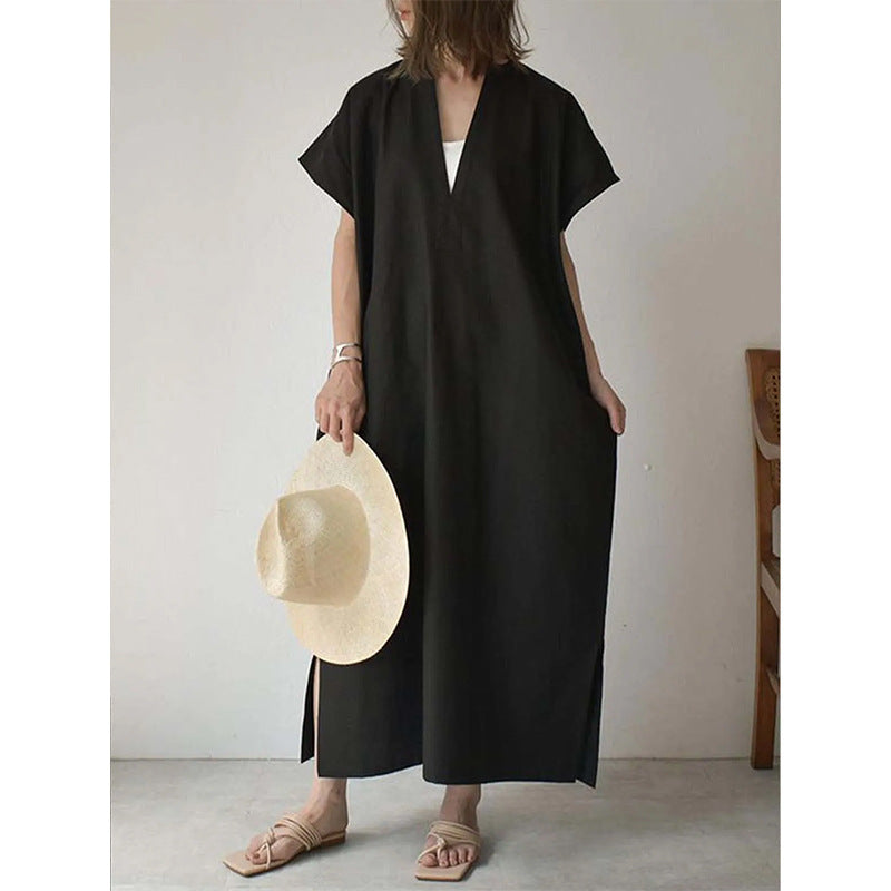 Damen Maxi-Kleid mit tiefem V-Ausschnitt und Seitenschlitzen Fudus