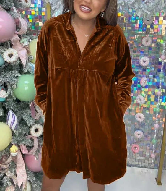 Damen Luxuriöses Velourshemdkleid mit Knopf und verspieltem Schnitt Fudus