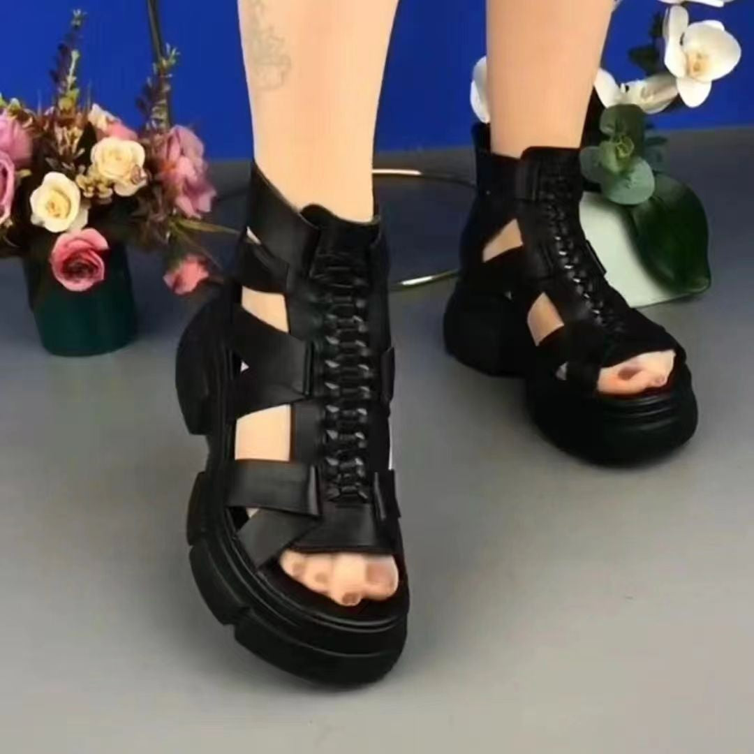 Damen modische Sandalen mit hohem Plateau und kunstvollem Schnürdesign Fudus