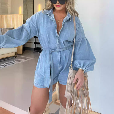 Damen Denim-Overall mit weitem Schnitt und eleganten Puffärmeln Fudus