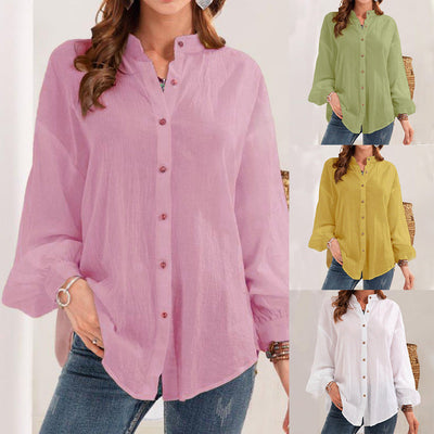 Damen lässige Bluse aus leichtem Leinen mit dekorativen Knöpfen Fudus