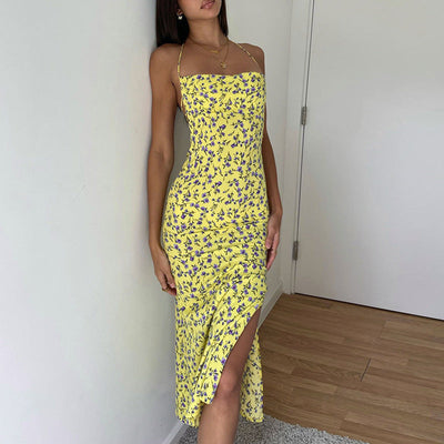 Damen Sommerliches Langarmkleid mit schulterfreiem Design und floralem Muster Fudus