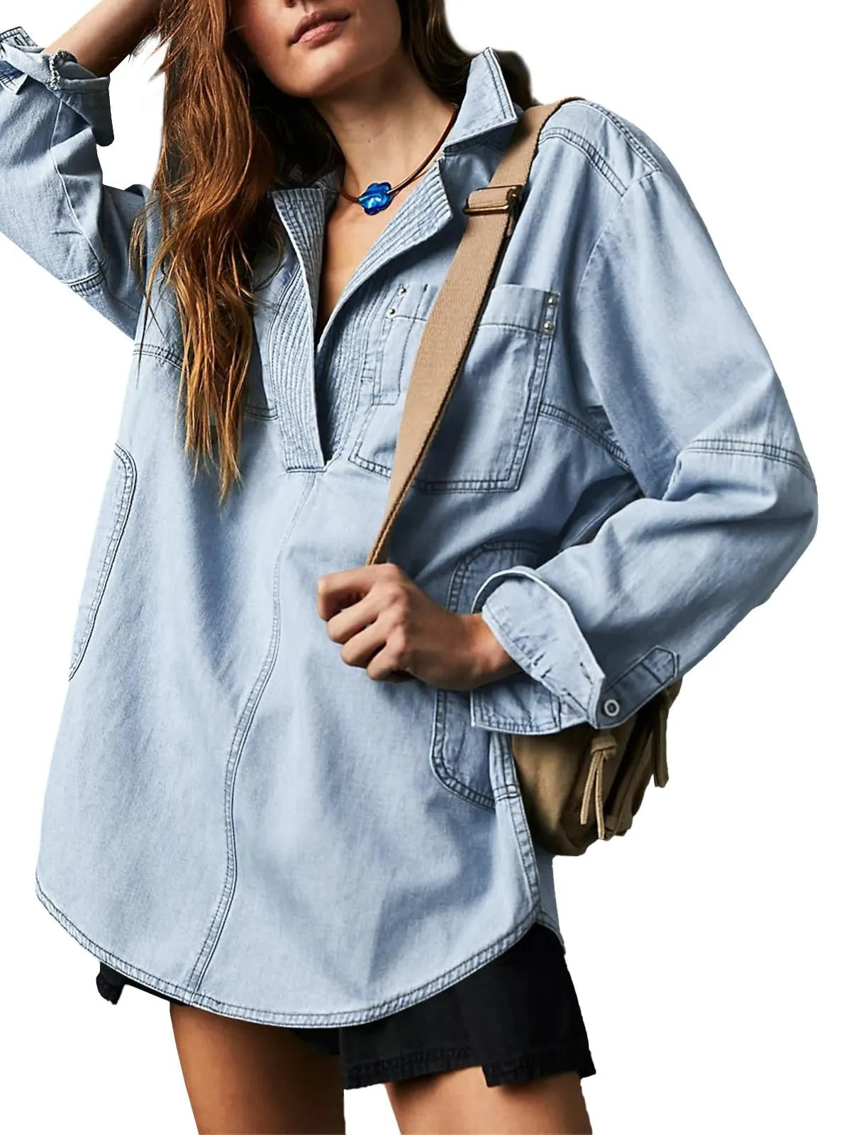 Damen lässige Overshirt aus hochwertigem Denim mit strukturiertem Design Fudus