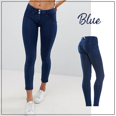 Damen Skinny Jeans mit hohem Bund und stylischen Knopfdetails Fudus