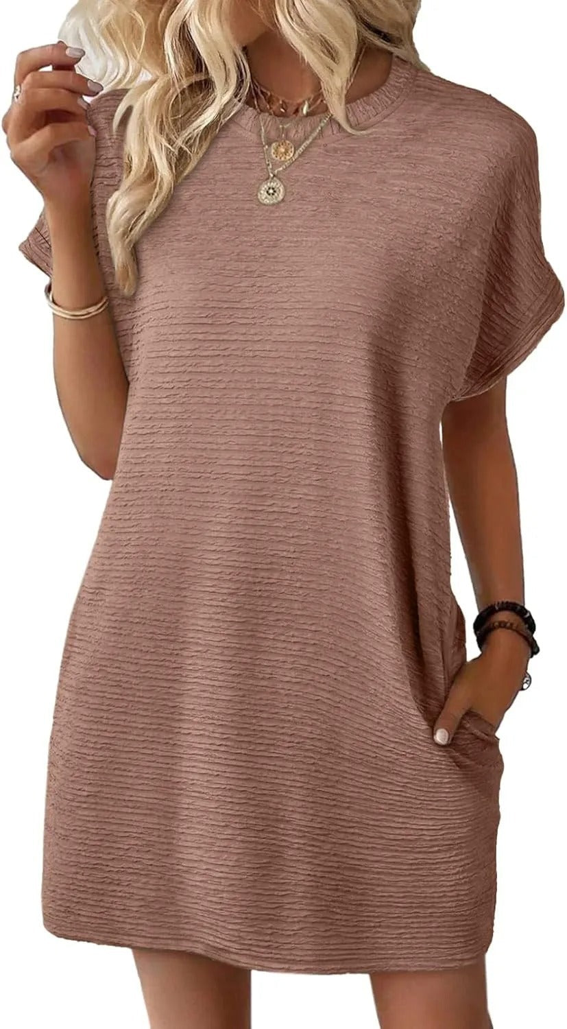 Damen lässiges Kurzarm-Kleid mit eingewebtem Texturmuster und praktischen Taschen Fudus