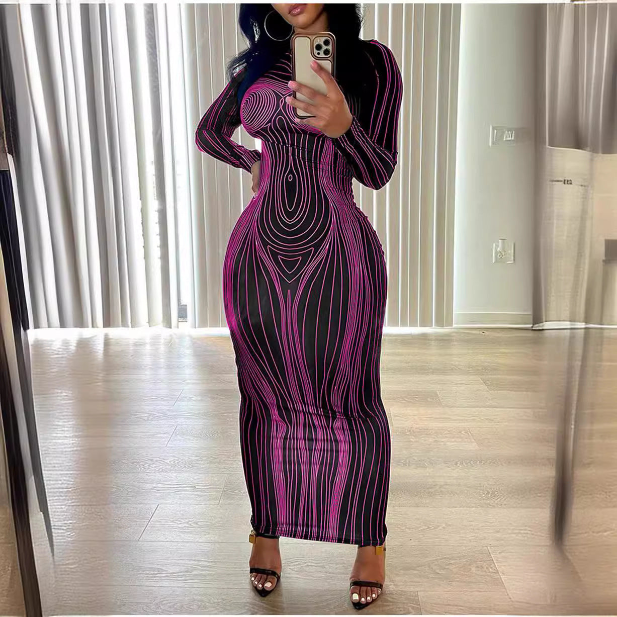 Damen Langärmliges Maxikleid mit strukturiertem Linienmuster und figurbetonendem Schnitt Fudus