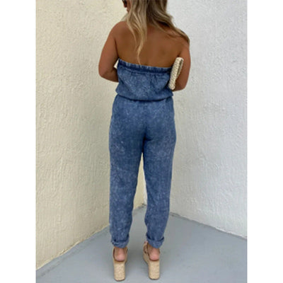 Damen Jumpsuit mit schulterfreier Silhouette und elastischem Bund Fudus