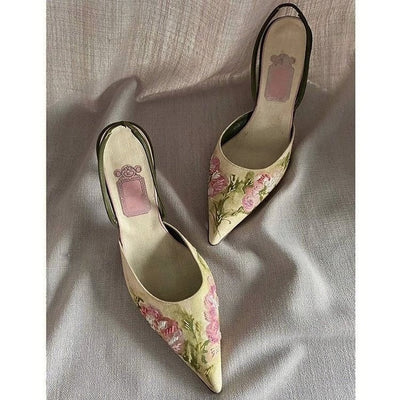 Damen elegante Pumps mit floralen Stickereien und schmalem Absatz Fudus