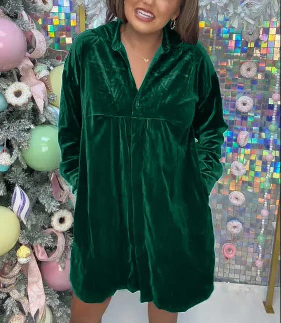 Damen Luxuriöses Velourshemdkleid mit Knopf und verspieltem Schnitt Fudus