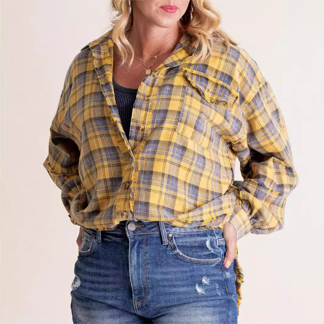 Damen Karobluse im lässigen Schnitt mit tiefem V-Ausschnitt und überschnittenen Schultern Fudus