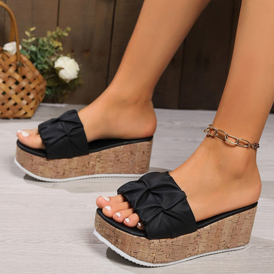 Damen Plateau-Pantoletten mit dekorativem Schleifen-Design und Kork-Optik Fudus