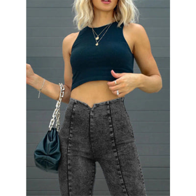 Damen High-Waist Denim-Hose mit seitlichen Schlitzdetails und Knopfverschluss Fudus