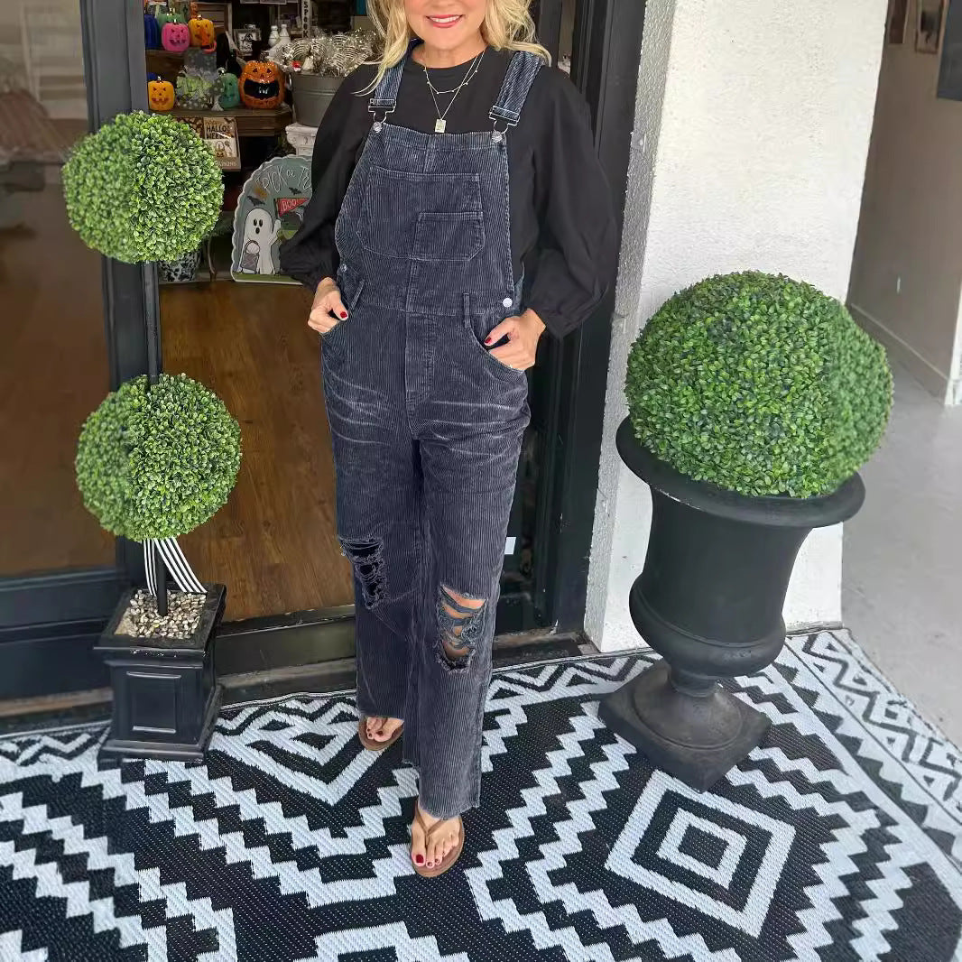 Damen Latzhose mit weiten Beinen und Destroyed-Details Fudus