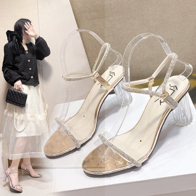 Damen Slingback Sandalen mit glitterndem Strass und klarem Blockabsatz Fudus