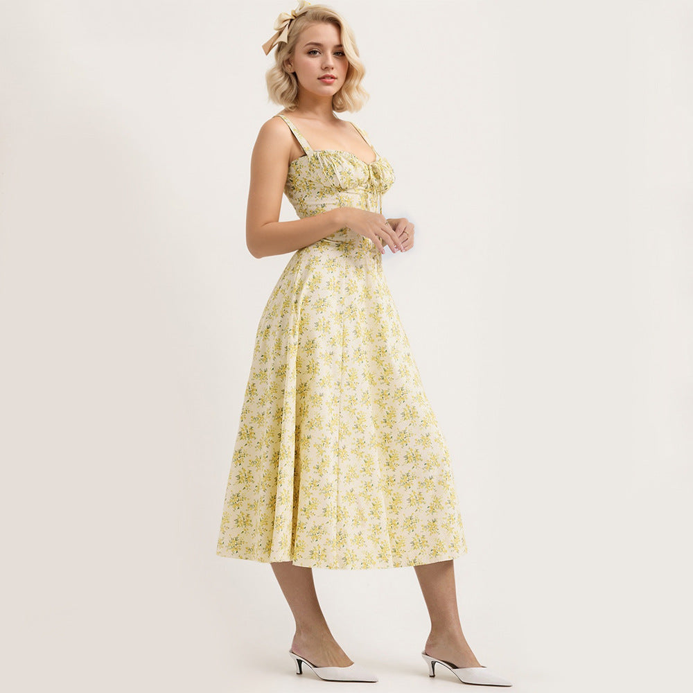 Damen Midikleid mit floralen Mustern und dekorativen Rüschen Fudus