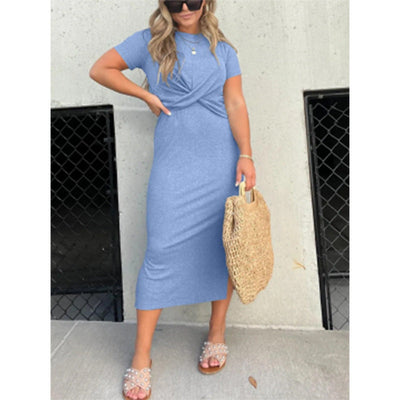 Damen lässiges Maxi-Kleid mit knotendem Detail und kurzärmeligen Schnitt Fudus