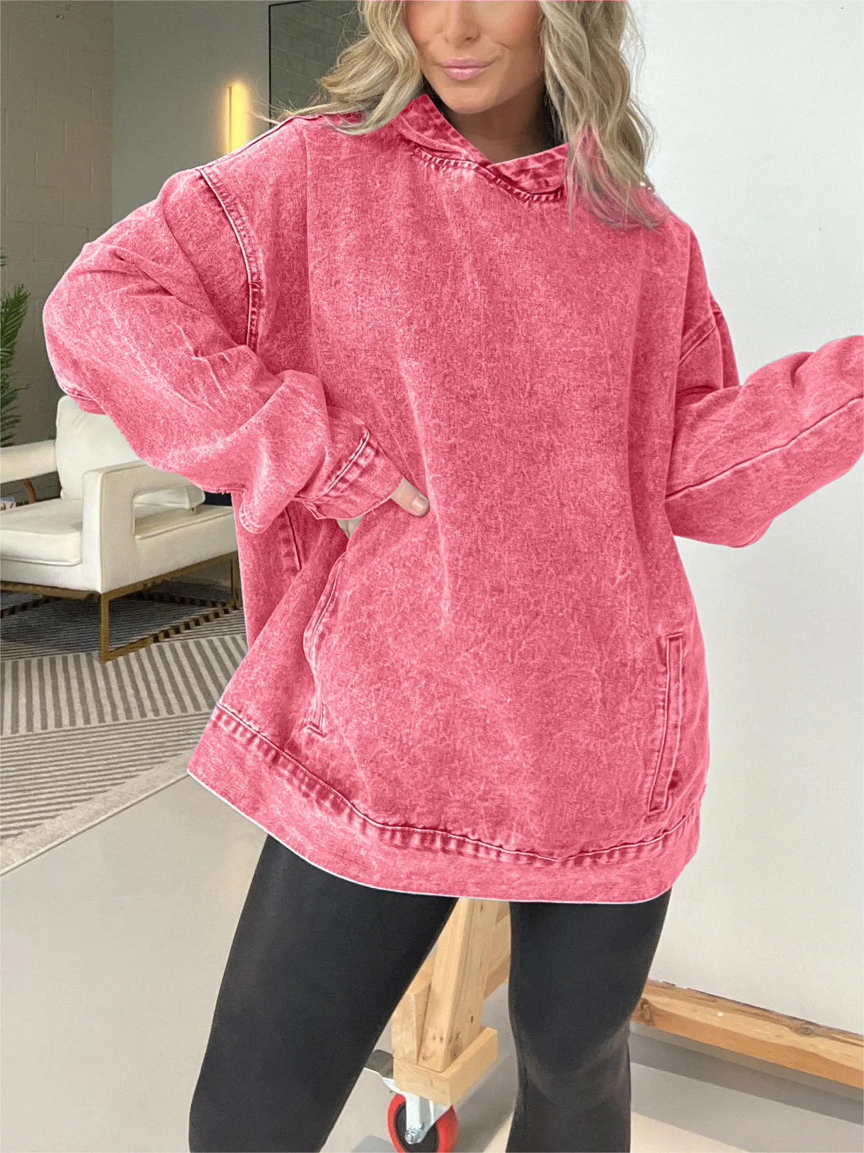 Damen Oversized Hoodie aus Denim mit praktischem Kängurutasche Fudus