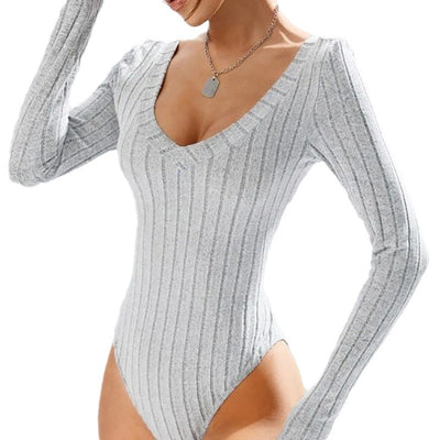 Damen figurbetontes Langarm-Body mit V-Ausschnitt und Streifenmuster Fudus