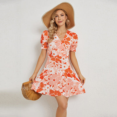 Damen blumiges Kurzkleid mit V-Ausschnitt und Rüschendetails Fudus