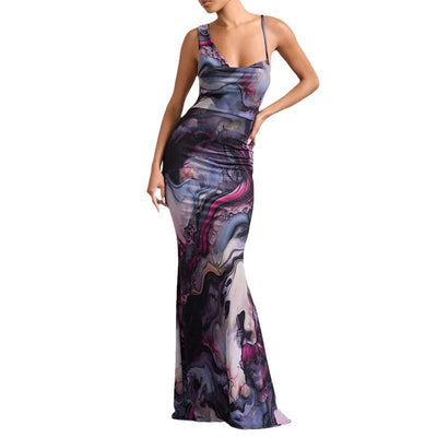 Damen Maxikleid mit modernem Batik-Muster und figurbetontem Schnitt Fudus
