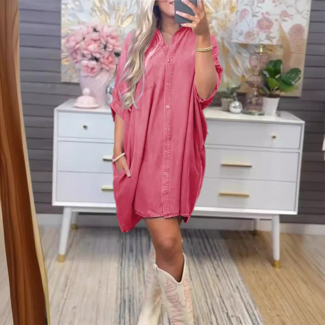 Damen Übergröße Denim-Shirtkleid mit praktischen Taschen und lässigem Schnitt Fudus