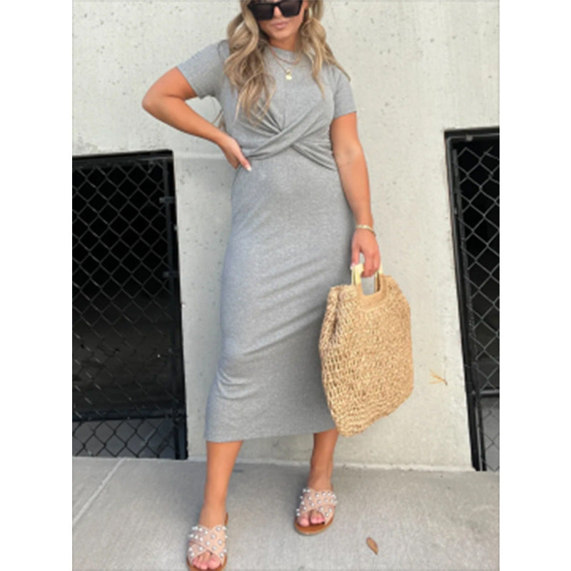 Damen lässiges Maxi-Kleid mit knotendem Detail und kurzärmeligen Schnitt Fudus