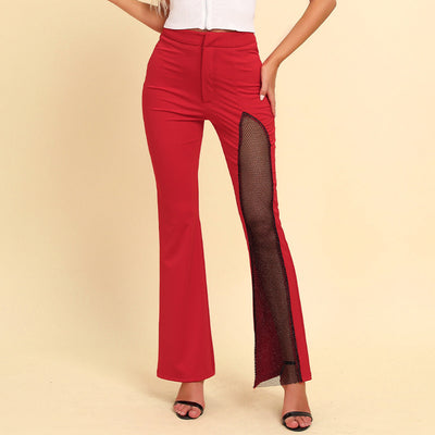 Damen Elegante High-Waist-Hosen mit Netzdetails Fudus