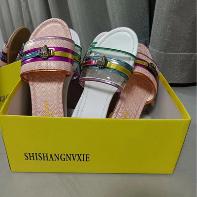 Damen modische transparente Pantoletten mit bunten Riemen und dekorativem Detail Fudus