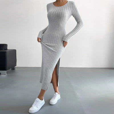 Damen Maxikleid aus feinem Rippstrick mit seitlichem Schlitz und Rundhalsausschnitt Fudus