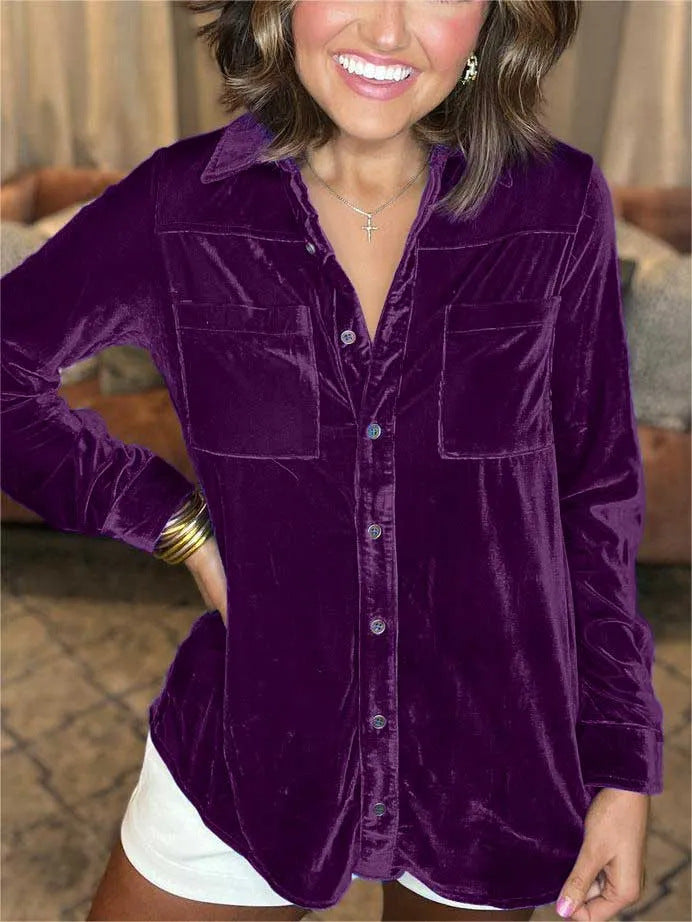 Damen Samt-Bluse im lässigen Schnitt mit Brusttaschen Fudus