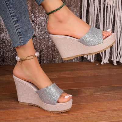 Damen modische Wedge-Pantoletten mit glitzerndem Obermaterial und rutschfester Sohle Fudus