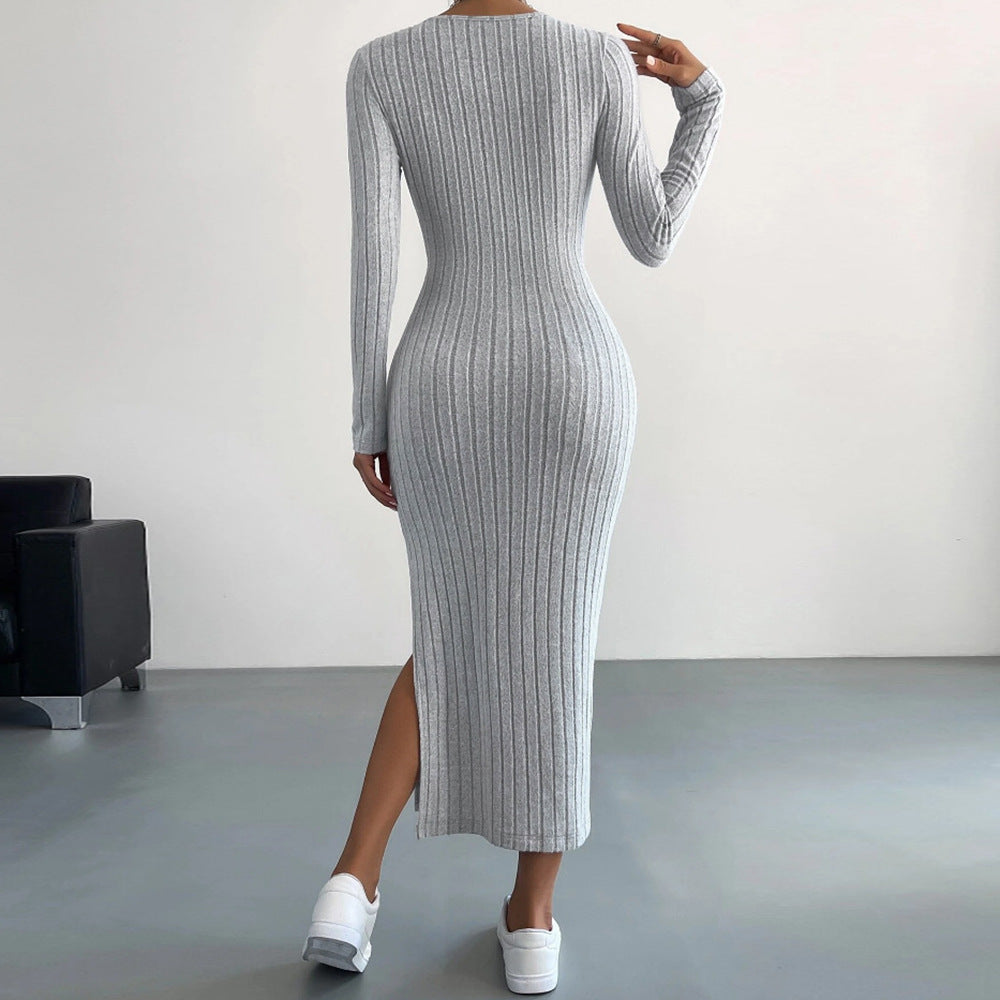 Damen Maxikleid aus feinem Rippstrick mit seitlichem Schlitz und Rundhalsausschnitt Fudus