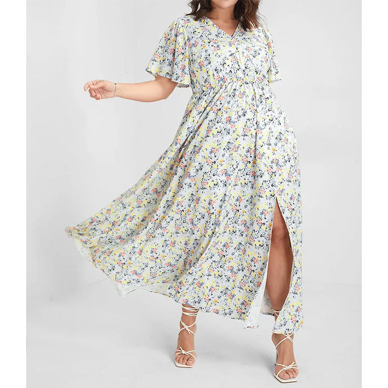 Damen Maxikleid mit floralem Muster und seitlichem Schlitz Fudus