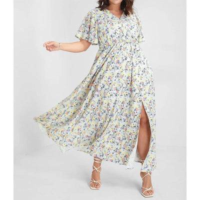 Damen Maxikleid mit floralem Muster und seitlichem Schlitz Fudus