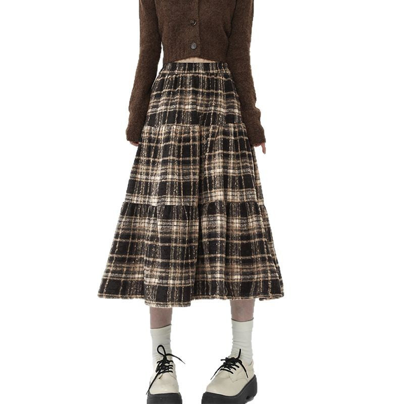 Damen gestufter Midi-Rock aus hochwertigem Baumwoll-Mix mit kariertem Muster Fudus