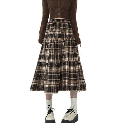 Damen gestufter Midi-Rock aus hochwertigem Baumwoll-Mix mit kariertem Muster Fudus