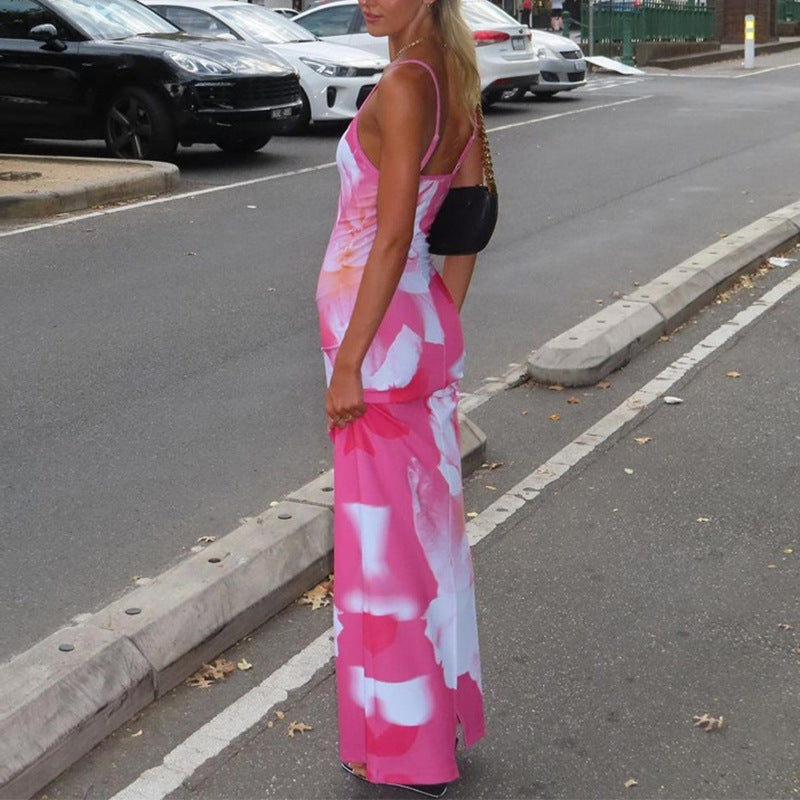 Damen Maxikleid mit floralen Prints und zartem Spaghetti-Träger Fudus