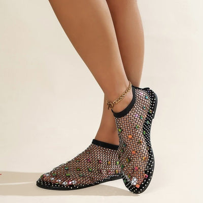 Damen Netz-Pantoletten mit bunten Strasssteinen und elastischem Material Fudus