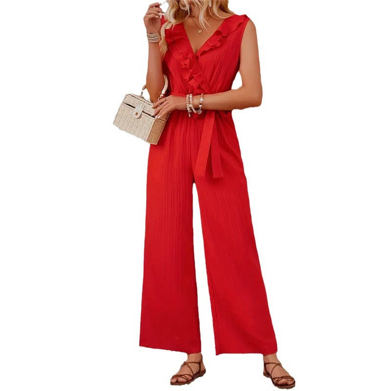 Damen Overall mit Rüschendetails und Taillengürtel Fudus