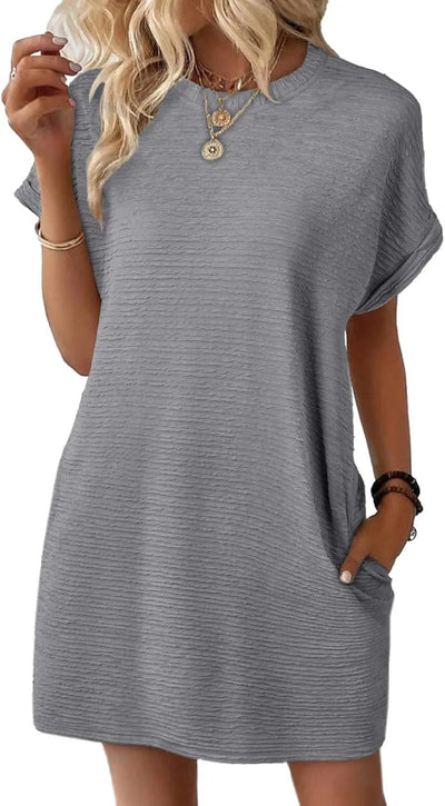 Damen lässiges Kurzarm-Kleid mit eingewebtem Texturmuster und praktischen Taschen Fudus
