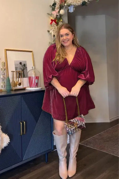 Damen kurzes Plisseekleid mit V-Ausschnitt und voluminösen Ärmeln Fudus